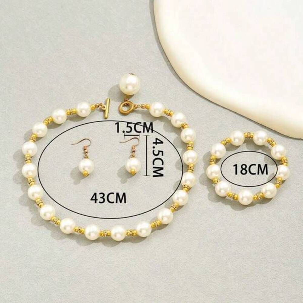 Vintage Imitation Pearl Earrings Bracelet Necklace Set For Simple Fas Gift - Picture 2 of 7